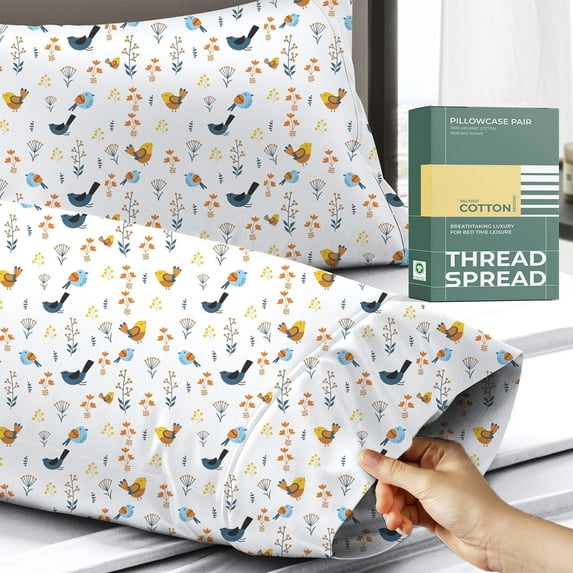 Thread Spread 100% Organic Cotton King Pillow Cases Set of 2 - Soft, Cooling, Crisp Organic Cotton Percale Weave Printed Pillowcase for King Size Pillow (Forest Bird), GOTS Certified