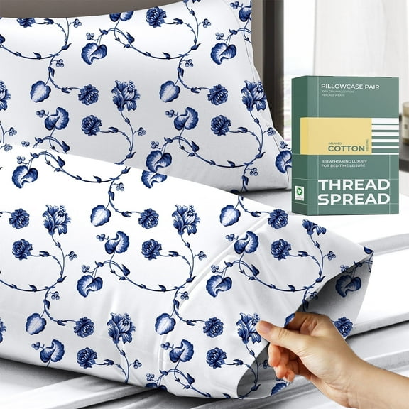 THREAD SPREAD Queen Pillow Cases Set of 2 - 100% Organic Cotton Pillowcases Queen Size - Crisp, Cooling Percale Weave Printed Pillowcase (Floral Blue)