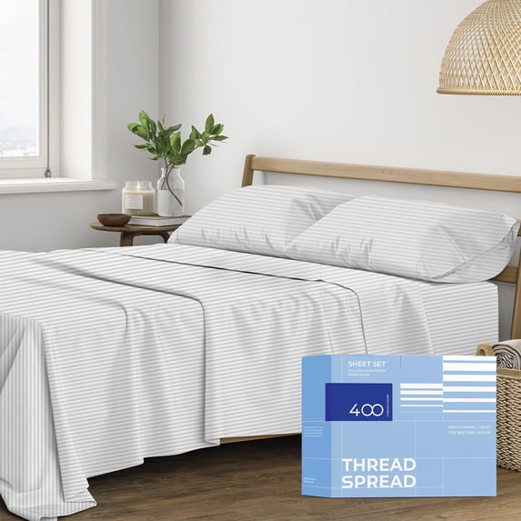 THREAD SPREAD 100% Cotton Queen Bed Sheets - Luxury 400 Thread Count Bed Sheets Queen Size (4 PC, White Stripe), Soft Cooling Sateen Hotel Sheet Set
