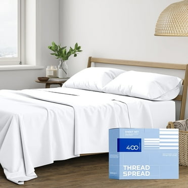 THREAD SPREAD 100% Cotton Sheets For Queen Size Bed - 400 Thread Count 4 PC Queen White Cotton Sheets, Deep Pocket Queen Sheet Set, Cooling Sheets Queen Size for Hot Sleepers, Soft, Breathable Sheets