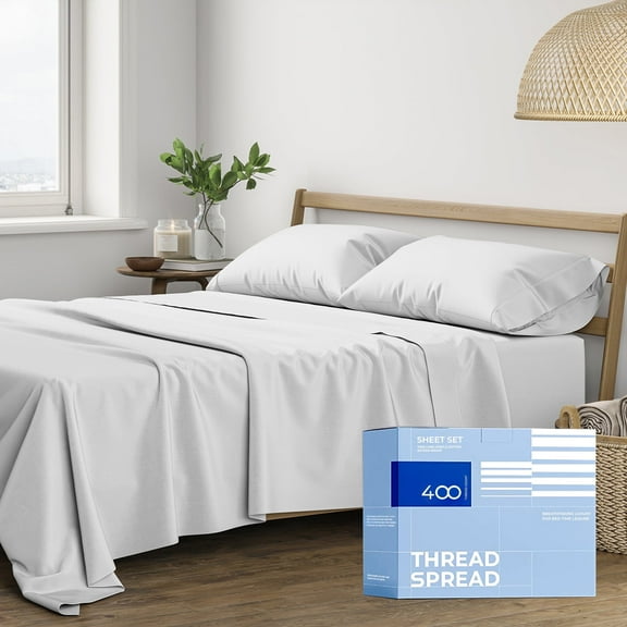THREAD SPREAD 100% Cotton Queen Bed Sheets - Luxury 400 Thread Count Bed Sheets Queen Size (4 PC, Silver), Silky Soft Cooling Sateen Hotel Sheet Set