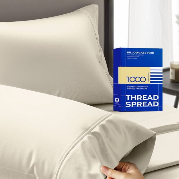 THREAD SPREAD 100% Egyptian Cotton Pillow Cases - 1000 Thread Count Pillow Cases Queen / Standard Size Set of 2, Soft & Breathable Extra Long Staple Sateen Weave Cotton Pillow Covers for Bed - Ivory