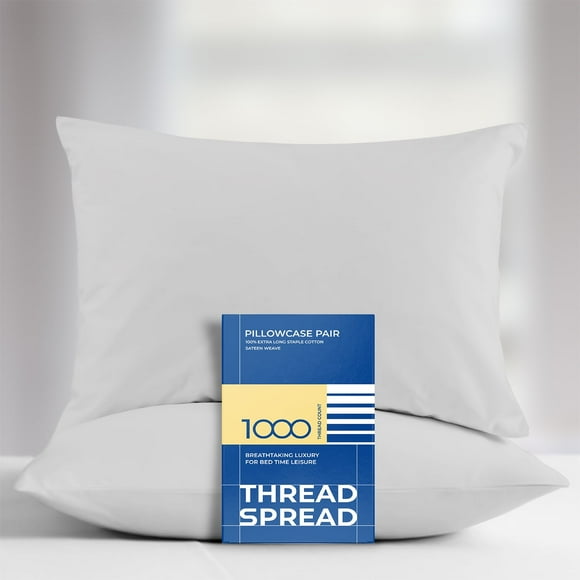THREAD SPREAD 100% Pure Cotton Pillowcases Set of 2 - 1000 TC Egyptian Quality Cotton Pillow Cases, Silver Standard / Queen Size Pillowcase Set, Extra Long-Staple, Soft Sateen Weave Bed Pillow Cover