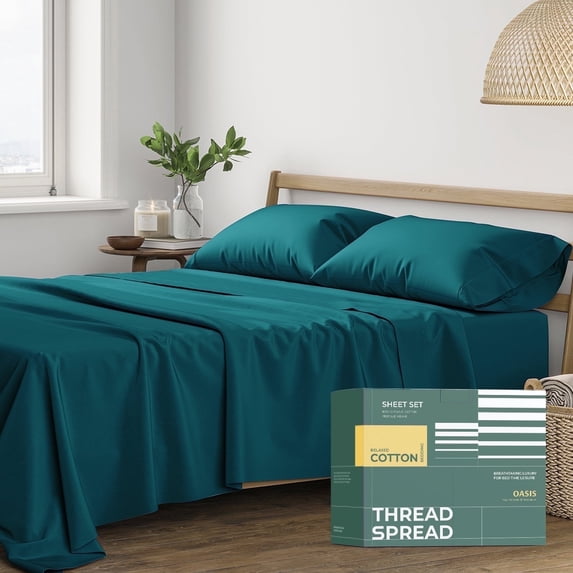 THREAD SPREAD 100% Organic Cotton Full Size Sheets - Percale Weave Cotton Sheets (4 PC, Teal), Soft Cooling Luxury Hotel Sheet Set