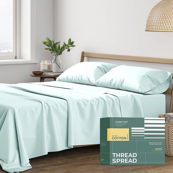 Thread Spread 100% Organic Cotton Sheets Full Size - 4 PC Organic Cotton Full Percale Weave Sheet Set, Soft, Cooling, Crisp & Breathable, 16" Deep Pocket Hotel Quality Bedding Set - Sea Foam