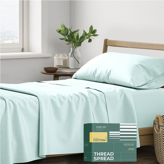 Thread Spread 100% Organic Cotton Sheets Twin Size - 3 PC Organic Cotton Twin Percale Weave Sheet Set, Soft, Cooling, Crisp & Breathable, 16" Deep Pocket Bedding Set for Dorm Room - Sea Foam