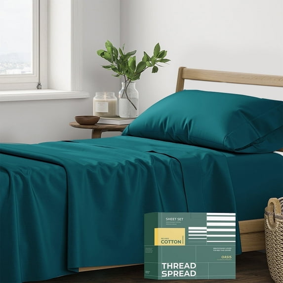 Thread Spread 100% Organic Cotton Sheets Twin Size - 3 PC Organic Cotton Twin Size Percale Weave Sheet Set, Soft, Cooling, Crisp & Breathable, 16" Deep Pocket Bedding Set for Dorm Room - Teal