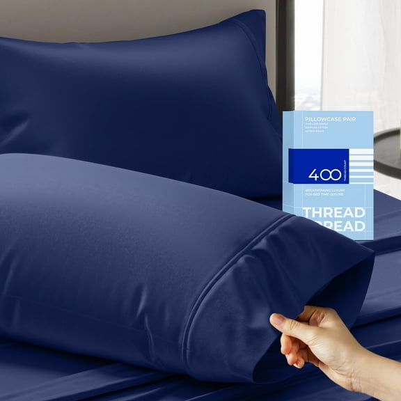 THREAD SPREAD 100% Cotton King Size Pillow Cases Set of 2 - 400 Thread Count Pillow Cases King Size Set of 2 (Navy Blue), Luxuriously Soft Hotel Quality Sateen Weave Pillowcases, Crisp & Cool