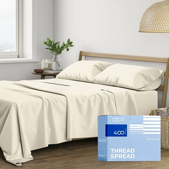 THREAD SPREAD California King Sheet Sets - 400 Thread Count 100% Pure Cotton Sheet, 4 PC Cal King Sheets Set, California King Cooling Sheets, Soft Breathable Bed Sheets, 16" Deep Pocket Sheets, Ivory