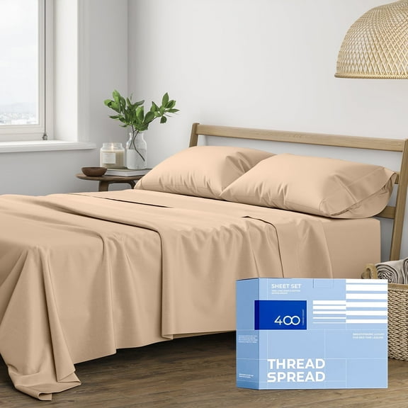 THREAD SPREAD California King Sheets Deep Pockets - 400 Thread Count 100% Cotton Sheets California King, 4 PC Cal King Sheets Set, Soft Cooling Sheets, Breathable California King Bed Sheets (Taupe)
