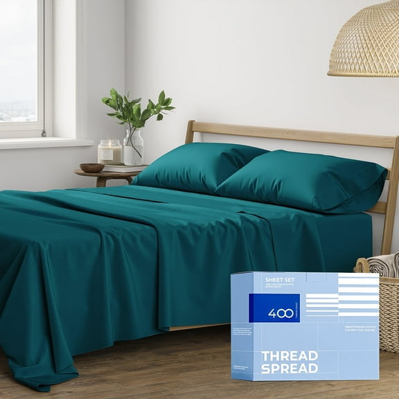 THREAD SPREAD 400 Thread Count California King Cotton Sheets - 4 PC Cal King Size Bed Sheet Set Cotton (Teal), Soft, Cooling, Sateen Weave Hotel-Quality 16" Deep Pocket Bedsheet for Hot Sleepers
