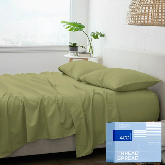 THREAD SPREAD 400 Thread Count King Cotton Sheets - 4 PC King Size Bed Sheet Set Cotton (Sage Green), Soft, Cooling, Hotel-Quality 16" Deep Pocket Sateen Bedsheet for Hot Sleepers (Fits 18" Mattress)