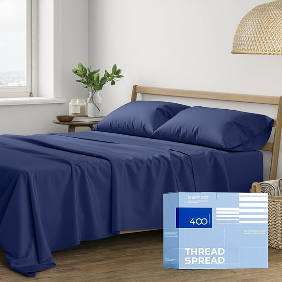 THREAD SPREAD 400 Thread Count King Cotton Sheets - 4 PC King Size Bed Sheet Set Cotton (Navy Blue), Soft, Cooling, Hotel-Quality 16" Deep Pocket Sateen Bedsheet for Hot Sleepers (Fits 18" Mattress)