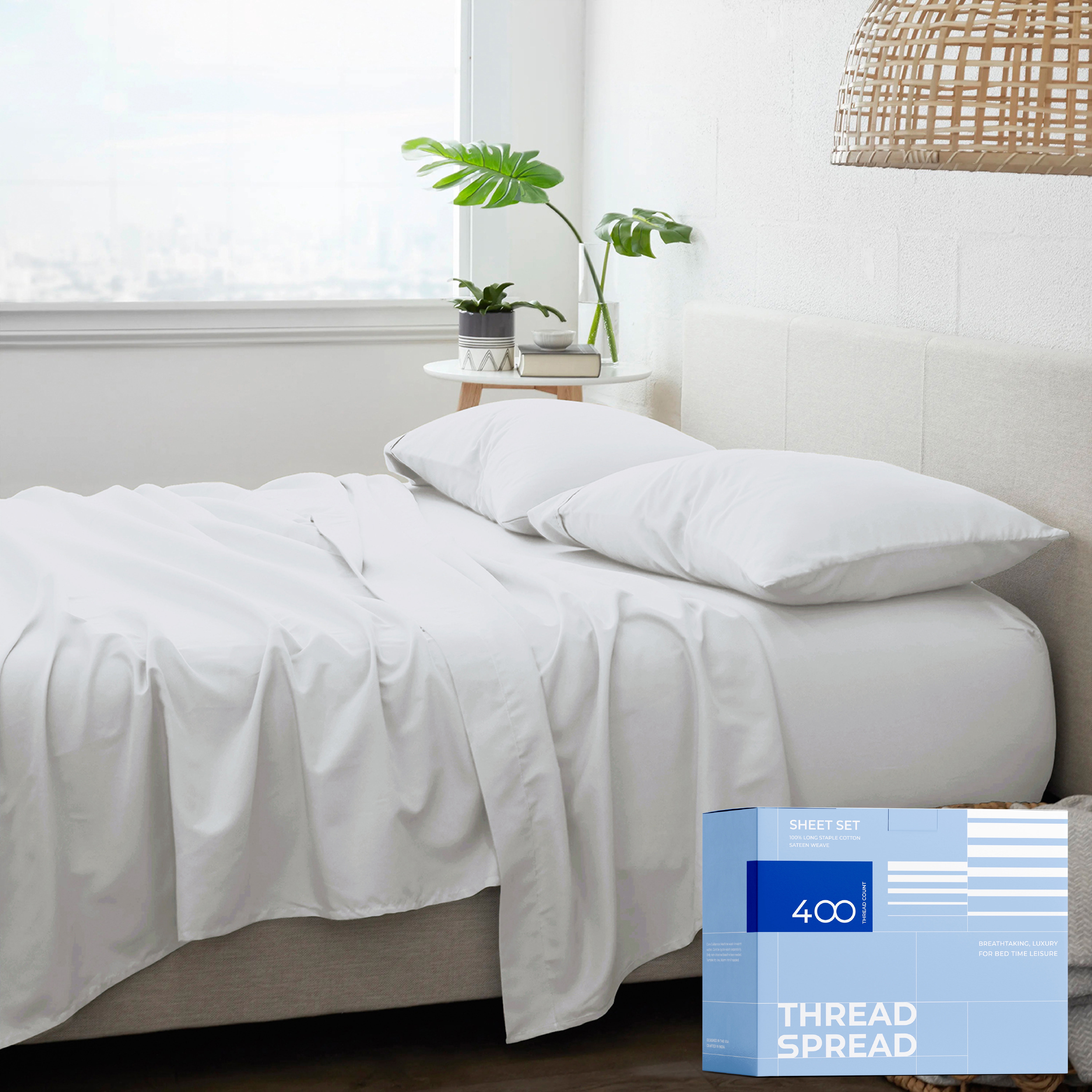 THREAD SPREAD King Size Cotton Sheets Set 400 Thread Count 4 PC 100