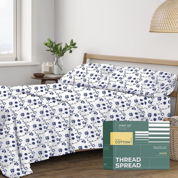 THREAD SPREAD 100% Organic Cotton King Size Sheets - Cotton Sheets King Size(4 PC, Floral Blue), Crisp, Cooling Percale Weave Printed Sheet Set