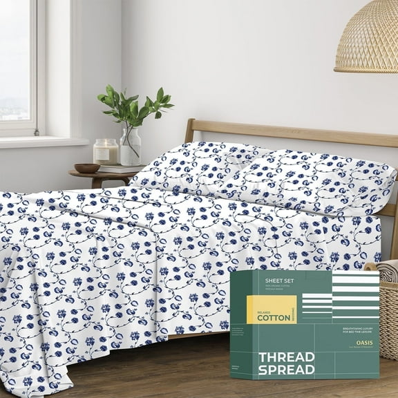 THREAD SPREAD 100% Organic Cotton King Size Sheets - Cotton Sheets King Size(4 PC, Floral Blue), Crisp, Cooling Percale Weave Printed Sheet Set