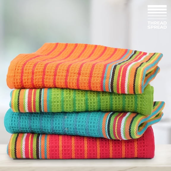 THREAD SPREAD Kitchen Dish Towels, 100% Cotton Salsa Towels, Set of 4 (16x28 Inches), Multi Purpose Cooking Drying Restaurant Bar Cleaning Cloth Napkin, Highly Absorbent, Lint Free (Red & Orange)