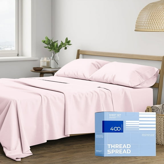 THREAD SPREAD Queen Bed Sheets - 400 Thread Count 4 PC 100% Cotton Bed Sheets, Cooling Sheets Queen Size, Sateen Cotton Sheets, Deep Pocket Queen Sheet Set, Soft, Breathable Bed Sheets Queen (Blush)