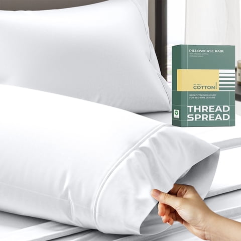 THREAD SPREAD Queen Pillow Cases Set of 2 - 100% Organic Cotton Pillowcases Queen Size - Crisp, Cooling Percale Weave Pillowcase (White)