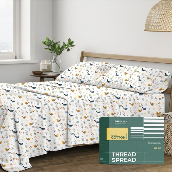 THREAD SPREAD Organic Cotton Bed Sheets Queen - 100% Organic Cotton Sheets Queen Size(4 PC, Forest Bird) Crisp Cooling Percale Weave Printed Sheet Set