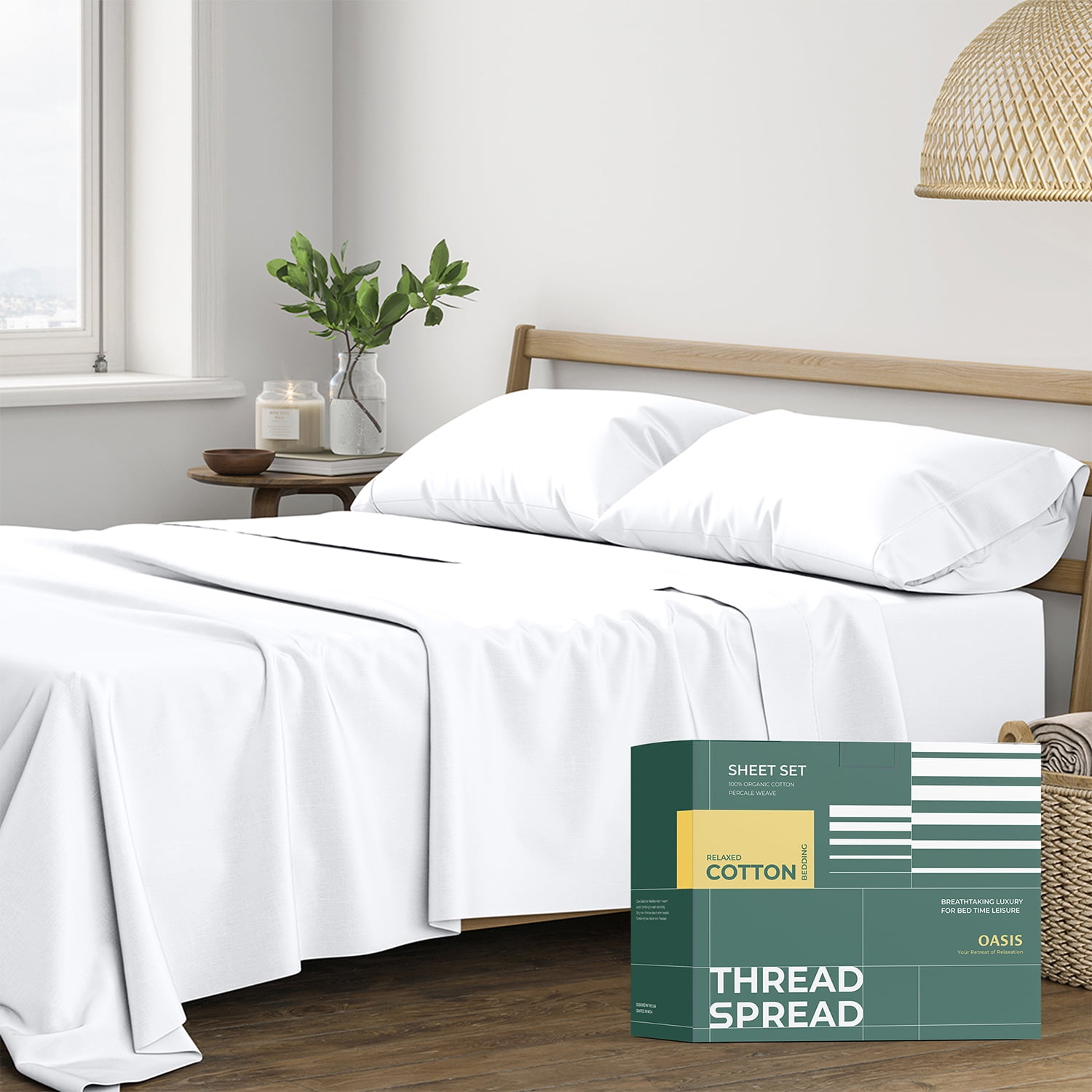"Thread Spread Queen Size 100 Organic Cotton Percale Sheets Breathable Cooling 16"" Deep