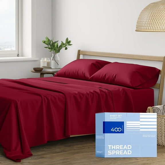 THREAD SPREAD Split King Sheets Sets for Adjustable Bed - 400 Thread Count 5 PC Split Sheet Set, Cooling Cotton Sheets, 2 Twin-XL Fitted Sheets, 16" Deep Pocket Split King Bed Sheet (Burgundy)