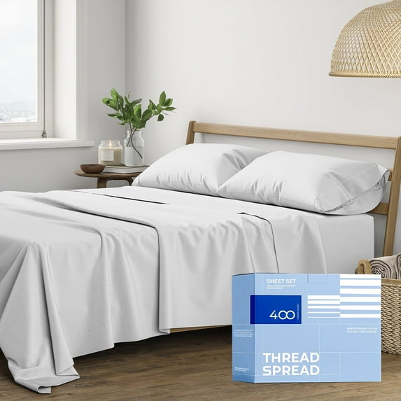 THREAD SPREAD Twin Size Sheets Set Cotton - 400 Thread Count Cotton Twin Sheets 3 PC Set (Silver Grey), Ultra Soft, Cooling, Hotel-Quality 16" Deep Pocket Sateen Bedsheet for Hot Sleepers