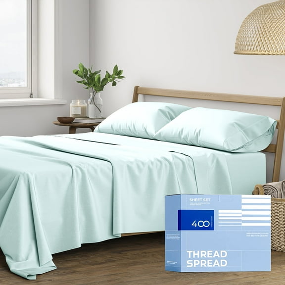 THREAD SPREAD Twin Sheets Set Cotton - 400 Thread Count 100% Cotton Twin Sheet Set, 3 PC Twin Sheets, Cooling & Luxury Sateen Sheets, 16" Deep Pockets Easy Fit, Breathable Cotton Sheets (Sea Foam)