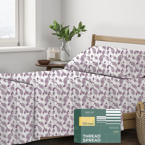 Thread Spread 100% Organic Cotton Sheets Twin XL Size - 3 PC Printed Organic Cotton Twin XL Percale Weave Sheet Set, Soft, Cooling, Crisp, 16" Deep Pocket Bedding Set for Dorm Room - Paisley Print