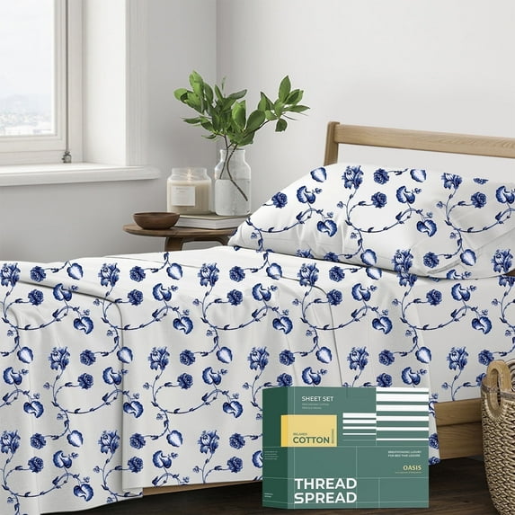 THREAD SPREAD 100% Organic Cotton Sheets Twin XL Size - Percale Weave Cotton Sheets (3 PC, Floral Blue), Soft Cooling Hotel Printed Sheet Set