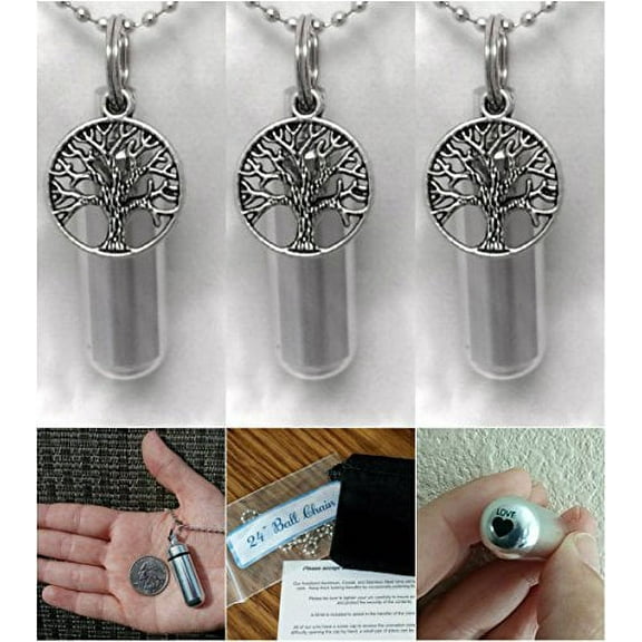 THREE (3) Beautiful TREE-OF-LIFE CREMATION URN Keepsakes with Laser Engraved Hearts - Includes Velvet Pouches, Ball-Chains & Fill Kit