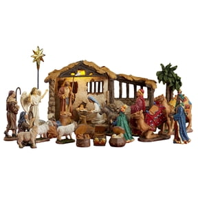 THREE KINGS GIFTS Complete 23 Piece 7 Inch Nativity Set with LED Lighted Stable  Christmas Manger Scene with Holy Family Wise Men Shepherds Animals & Authentic Gold Frankincense Myrrh Gifts