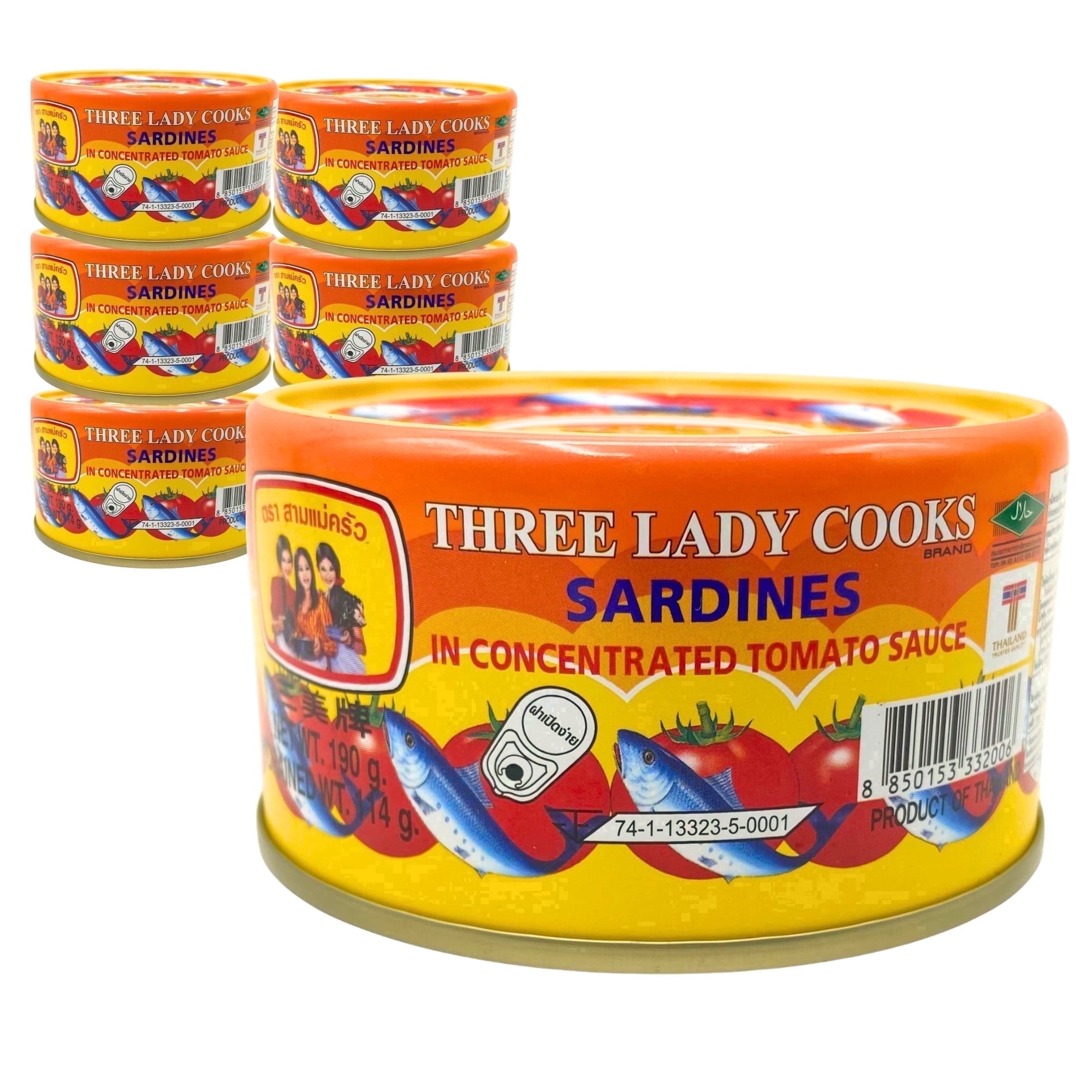(6 pack) THREE LADY COOKS Canned Sardines in Concentrated Tomato Sauce, 6.7 oz, Wild Caught Sardines, Ready-to-Eat Thai Canned Seafood