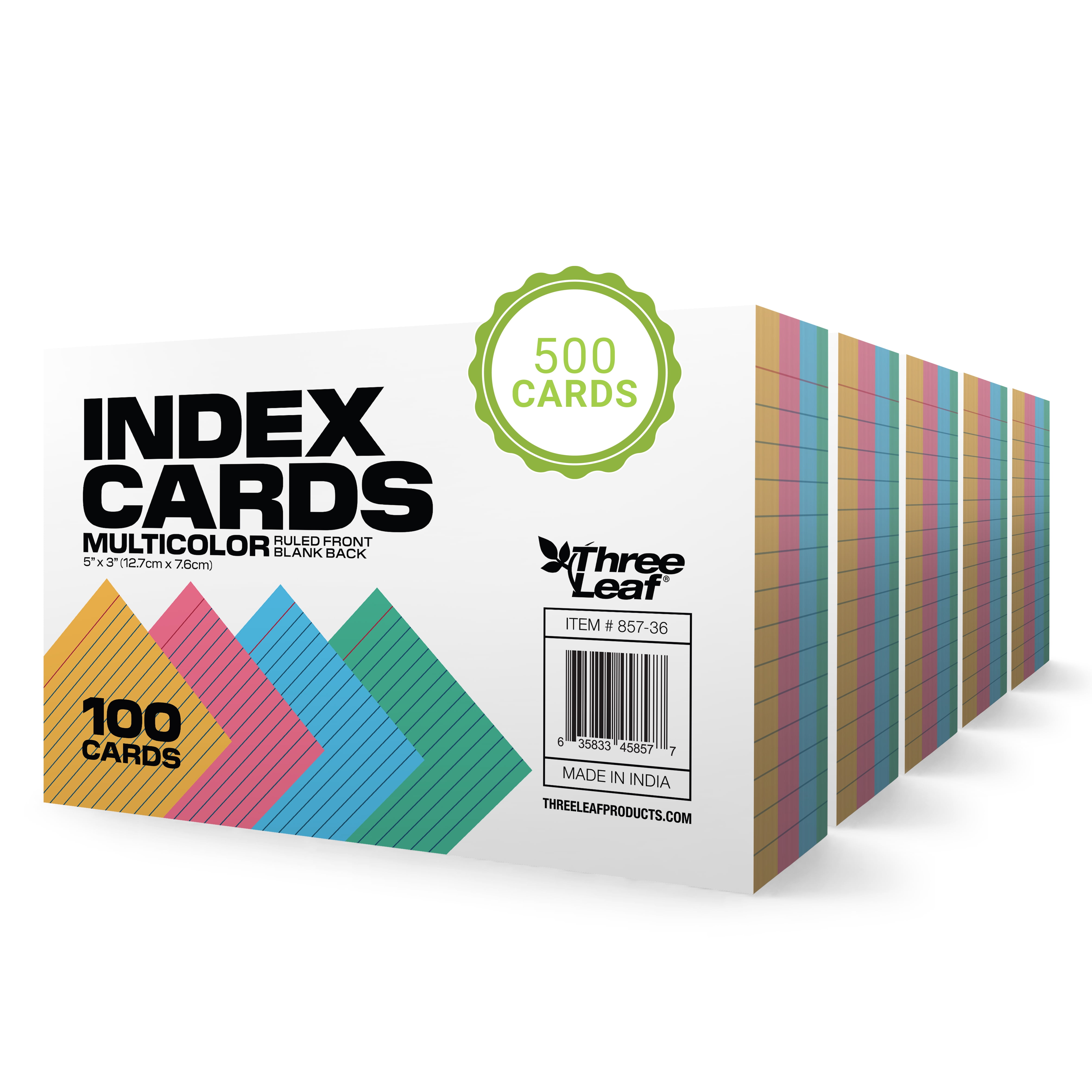 THREE LEAF 3 X 5, INDEX CARD RULED, 500 CT. (100 x 5) COLORED, Ruled ...