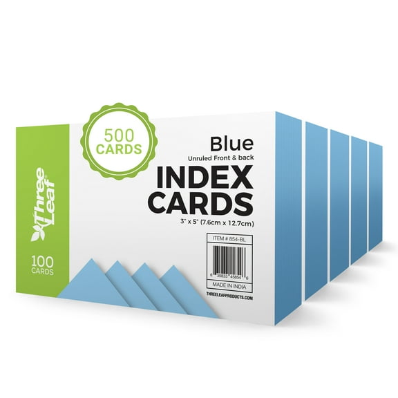 THREE LEAF 3 X 5, INDEX CARDS UNRULED 500 CT. (100 x 5) BLUE, Blank Flash Cards, Study Card, Memo Pad, For To-Do List, Art And Craft Projects