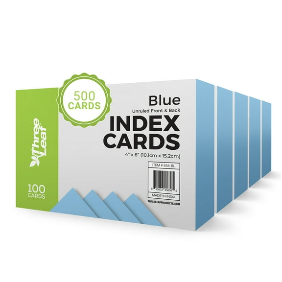 THREE LEAF 4 X 6, INDEX CARDS UNRULED, 500 CT. (100 x 5) BLUE, Blank Flash Cards, Study Card, Memo Pad, For To-Do List, Art And Craft Projects