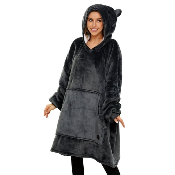 THREE POODLE Dark Gray Oversized Sherpa Cozy Warm Blanket Hoodie Sweatshirt for Adults Women Men