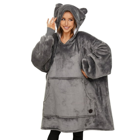 THREE POODLE Gray Oversized Sherpa Cozy Warm Soft Fuzzy Blanket Hoodie Sweatshirt(Women's Plus)
