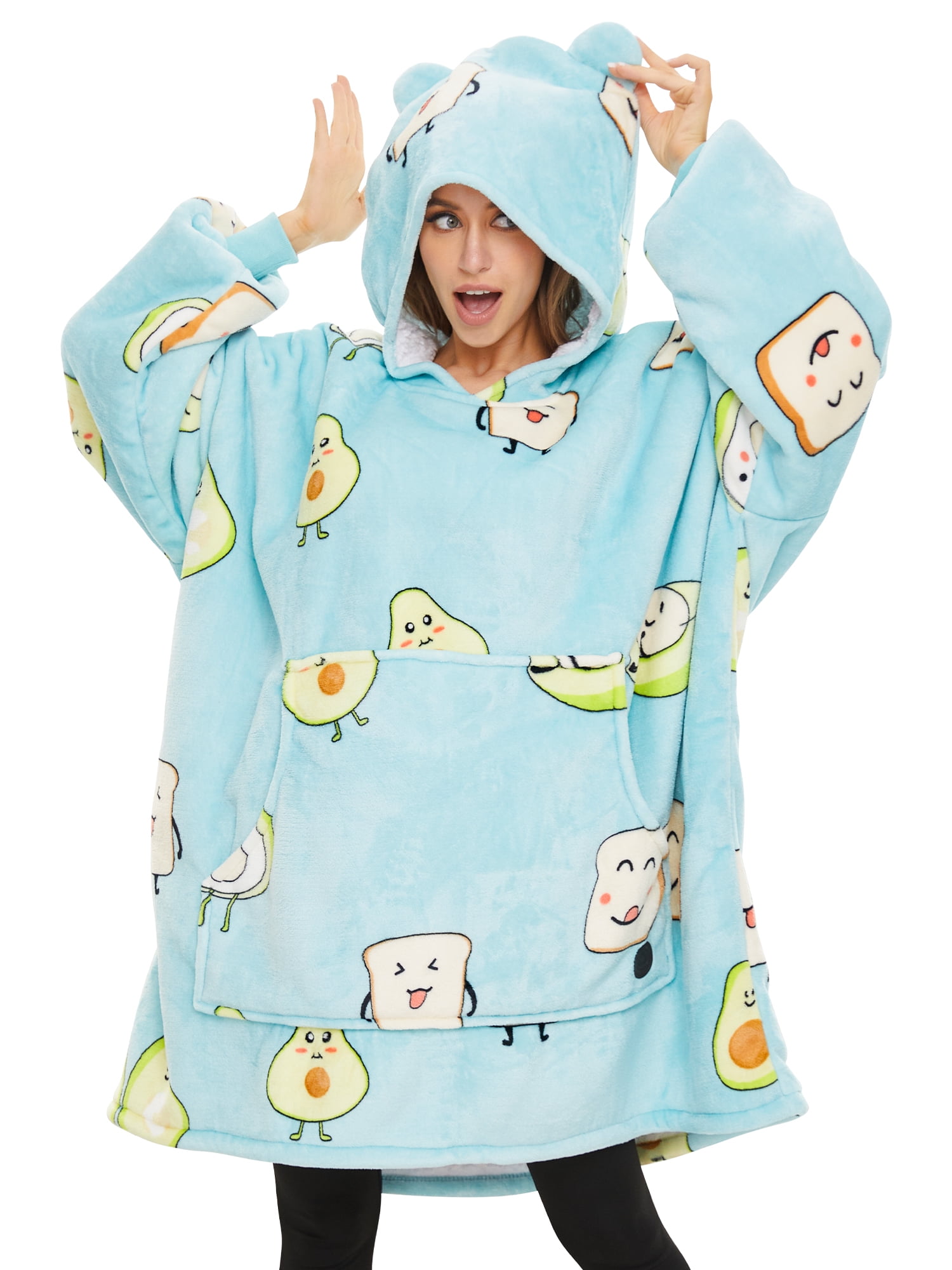 THREE POODLE Wearable Blanket Hoodie, Oversized Sherpa Hooded Blanket