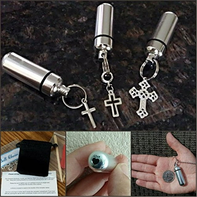 THREE Silver CROSSES CREMATION URN Keepsakes - with Laser Engraved Hearts - Includes 3 Velvet Pouches, Ball-Chains &amp; Fill Kit