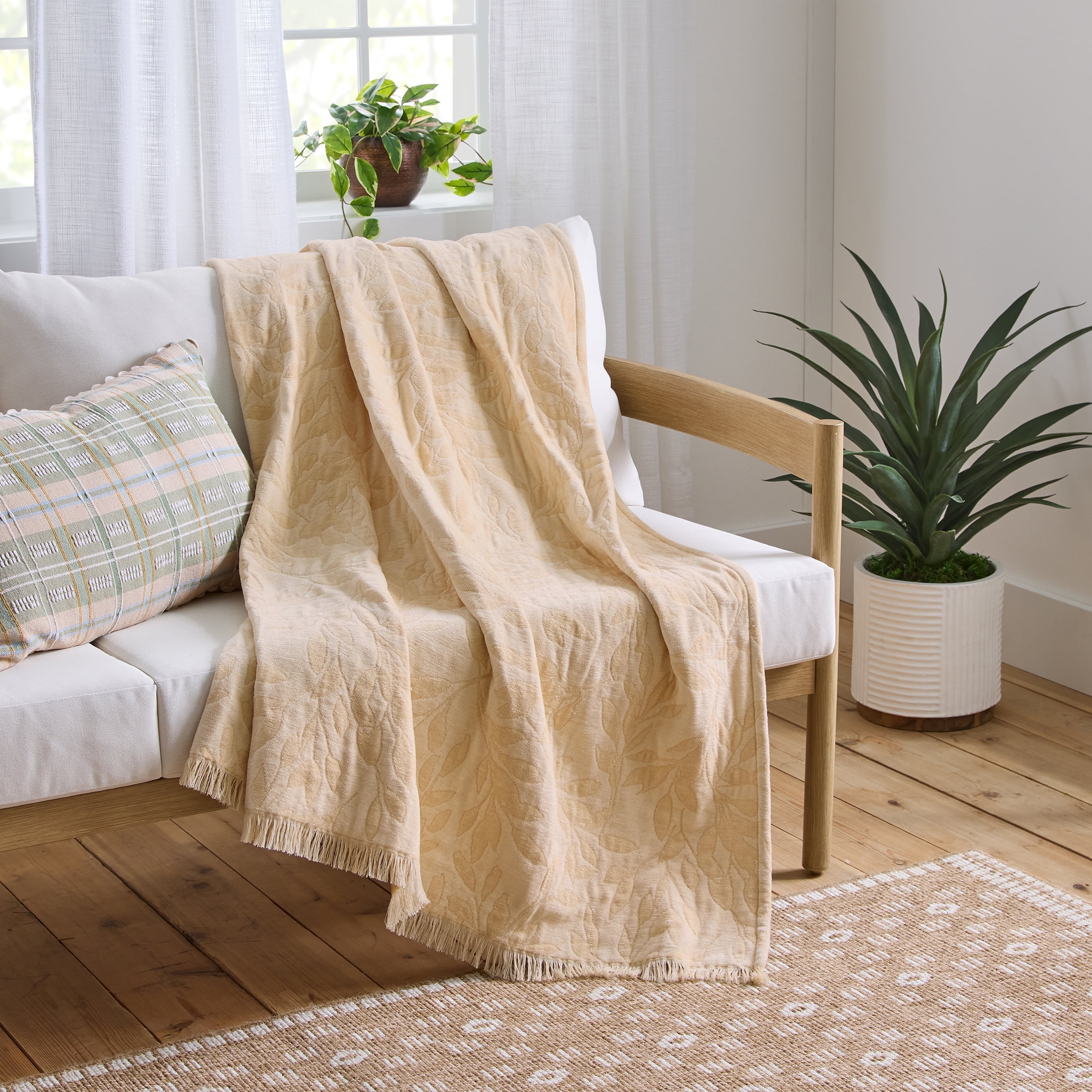 Better Homes & Gardens Woven Chenille Botanical Throw Blanket, UK Butter, 50 in x 72 in