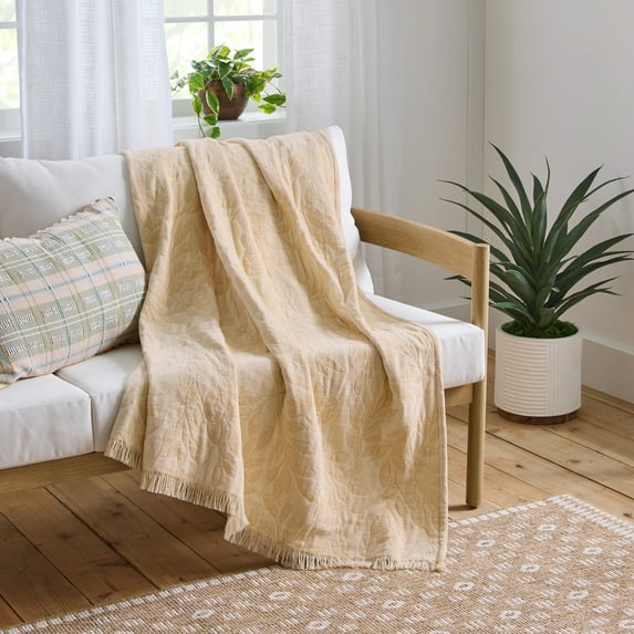Better Homes & Gardens Woven Chenille Botanical Throw Blanket, UK Butter, 50x72 Inches