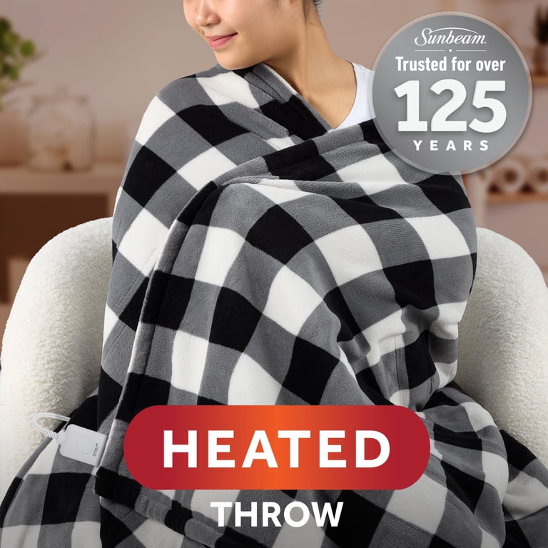 Sunbeam Electric Heated Throw Blanket Black/White Plaid Microplush