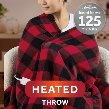 Sunbeam Electric Heated Throw Red/Black Plaid Microplush Faux Shearling 4 Heat 50x70