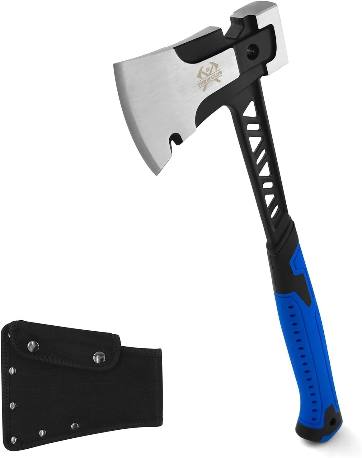 THRWCLUB 14.7" Camping Hatchet, Full Tang Forged Axe with Shock Reduction Handle-Anti-Slip Grip with Nylon Sheath
