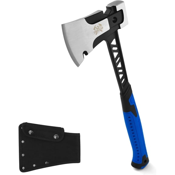 THRWCLUB 14.7" Camping Hatchet, Full Tang Forged Axe with Shock Reduction Handle-Anti-Slip Grip with Nylon Sheath