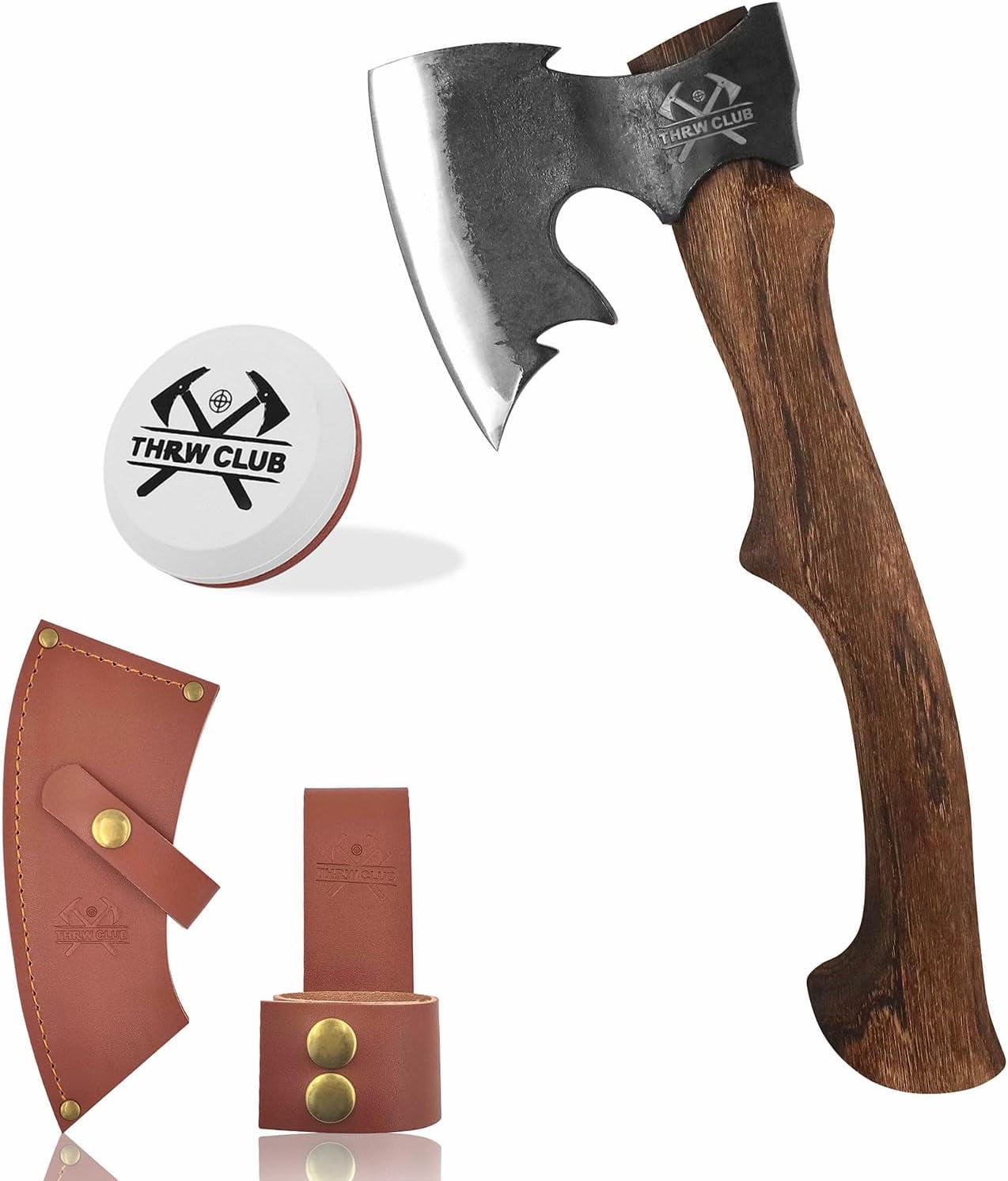 THRWCLUB 15.5" Hand Forged Hatchet, 1065 Carbon Steel, Wooden Handle, Leather Sheath, Axe Sharpener, for Camping & Gardening