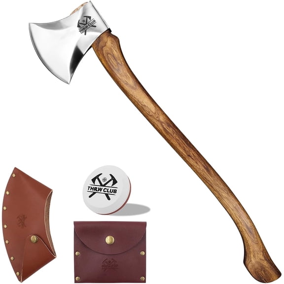 THRWCLUB 32.6" Splitting Axe, 1065 High Carbon Steel, Hickory Handle, Leather Sheath, for Wood Chopping and Timbersports