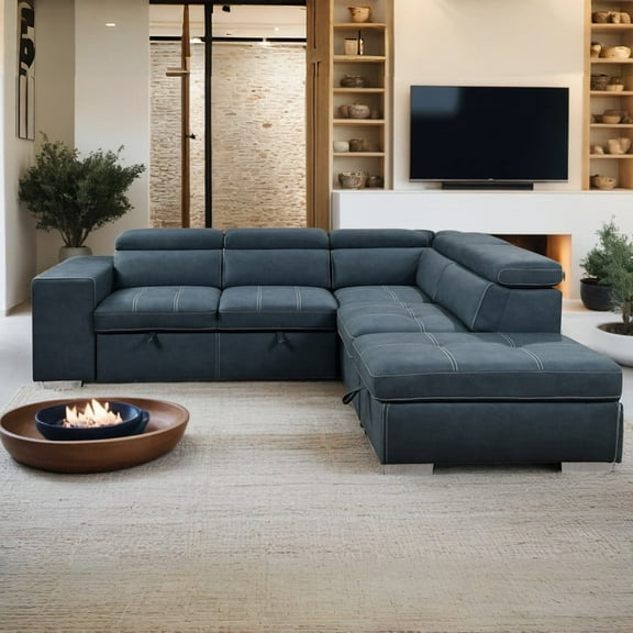 THSUPER 104" Microfiber L Shaped Sectional Sleeper Sofa Couch with Pull Out Bed and Storage Ottoman, Convertible Couches with Adjustable Headrest for Living Room, Right Facing Chaise. Navy Blue