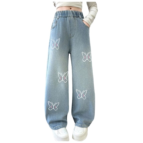THSXS Jeans For Girls Girls Clothes Size 14-16 Girls Jeans Denim Elastic Wasit Wide Leg Baggy Pants Kids Clothes